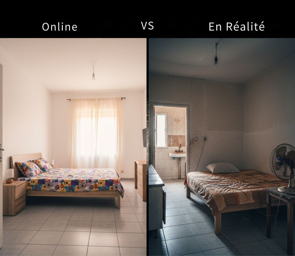 Split-screen comparison showing rental property deception: Left side labeled 'Online listing' shows a bright, clean bedroom with colorful bedding, good lighting, and tidy appearance. Right side labeled 'En Réalité' shows the same room's reality - dim lighting, bare mattress, worn conditions, and basic fan instead of proper amenities. The contrast illustrates the gap between advertised short-term rentals and actual conditions.